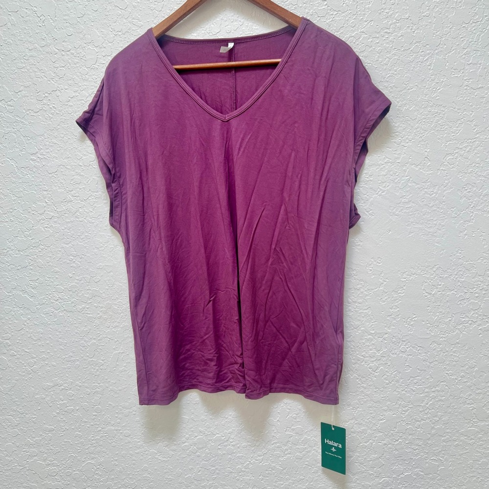 Halara Womens V-Neck Short Sleeve Top Plum Purple Viscose Blend Size L NWT